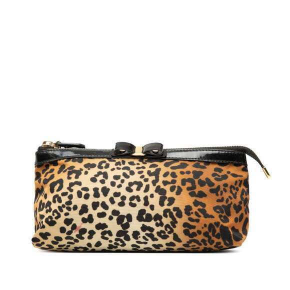 Salvatore Ferragamo Vara Ribbon Leopard Print Pouch in Brown and Black Nylon ...